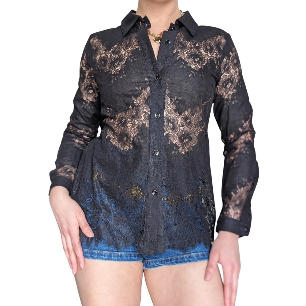 Cabi NWT Boho Dark Romantic Sheer Black Lace Button Up Long Sleeve Blouse